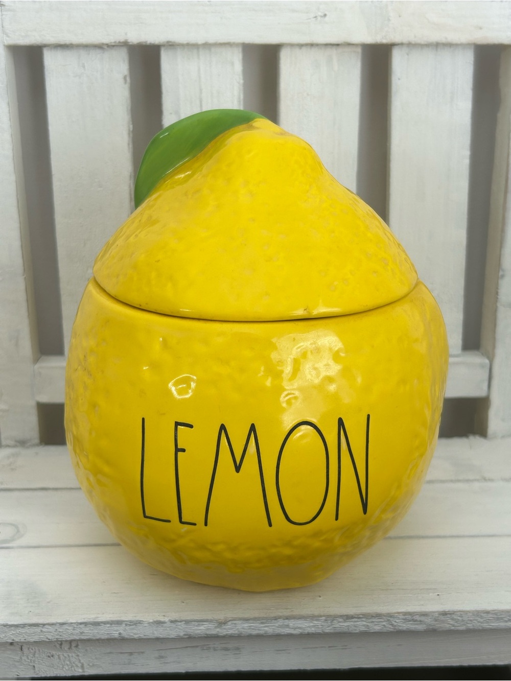 Rae Dunn Yellow Lemon Ceramic Canister with Green Leaf
